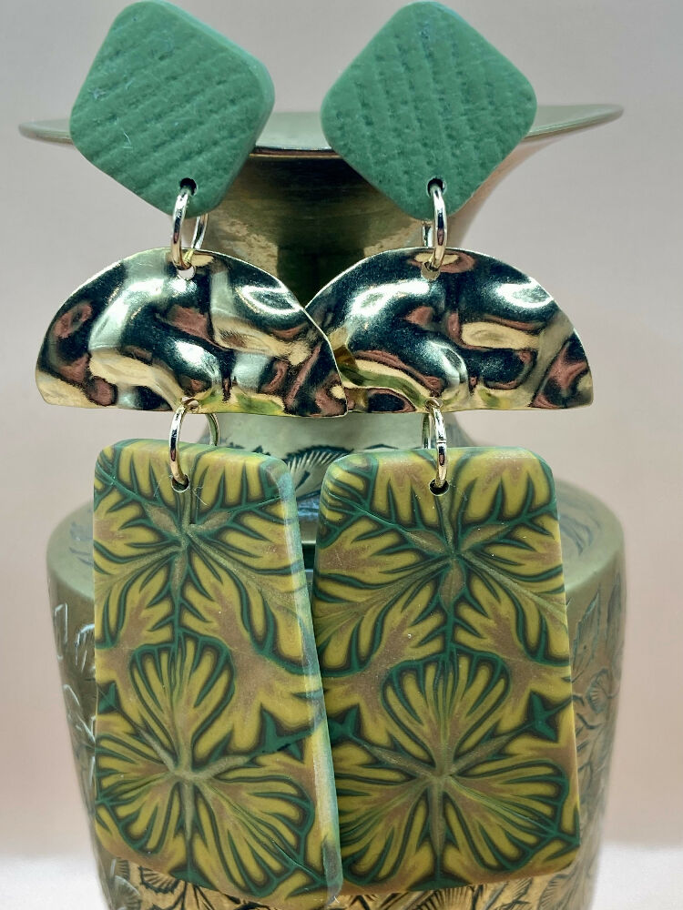 Olive and gold 3 tier dangle studs