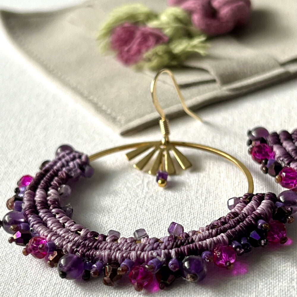 Large Purple Micro Macrame Earrings - Amethyst +Free Microfibre Pouch