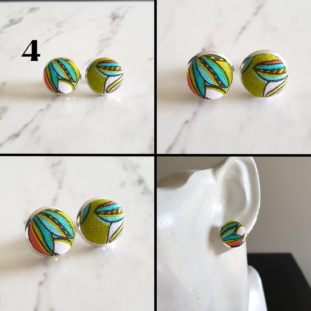 1.4cm Round Colourful Boho style cotton fabric Silver colour Cabochon stud earrings