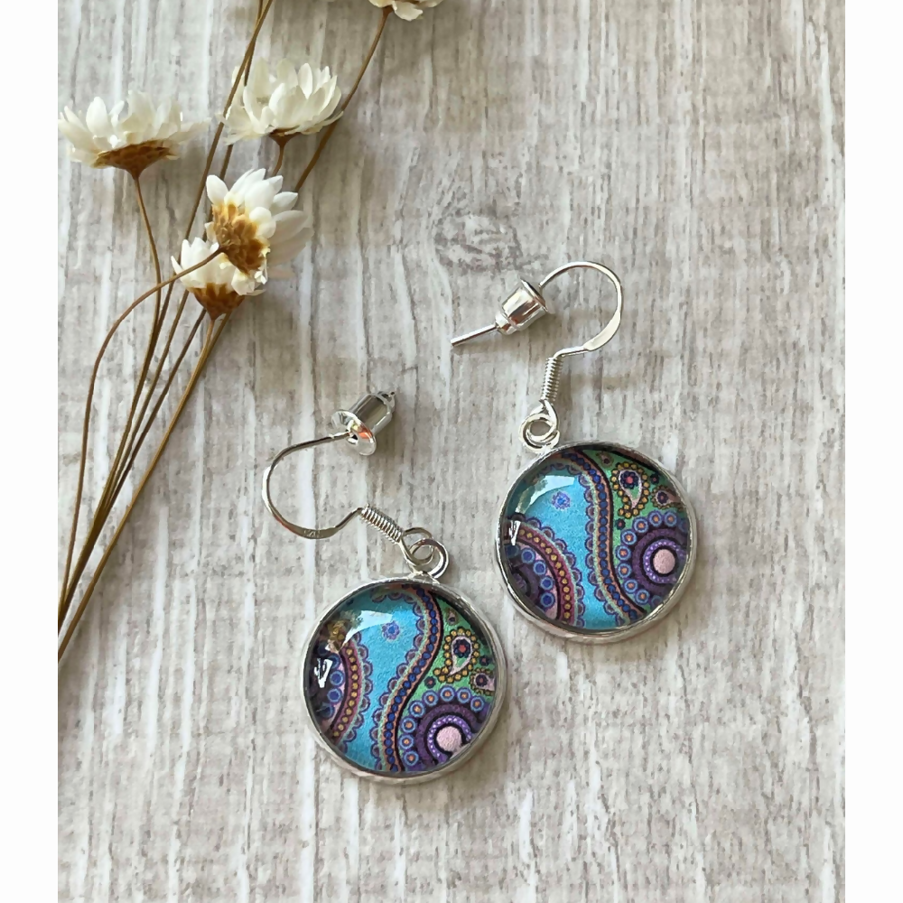 Paisley Pattern Earrings with Blue and Pink