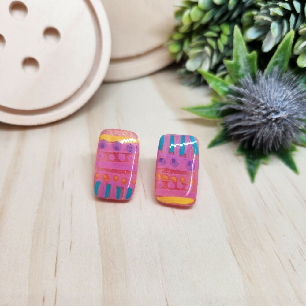 Stud Earrings Handpainted Rectangle Pink Stripes and Spots Resin