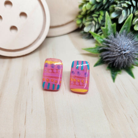 Stud Earrings Handpainted Rectangle Pink Stripes and Spots Resin