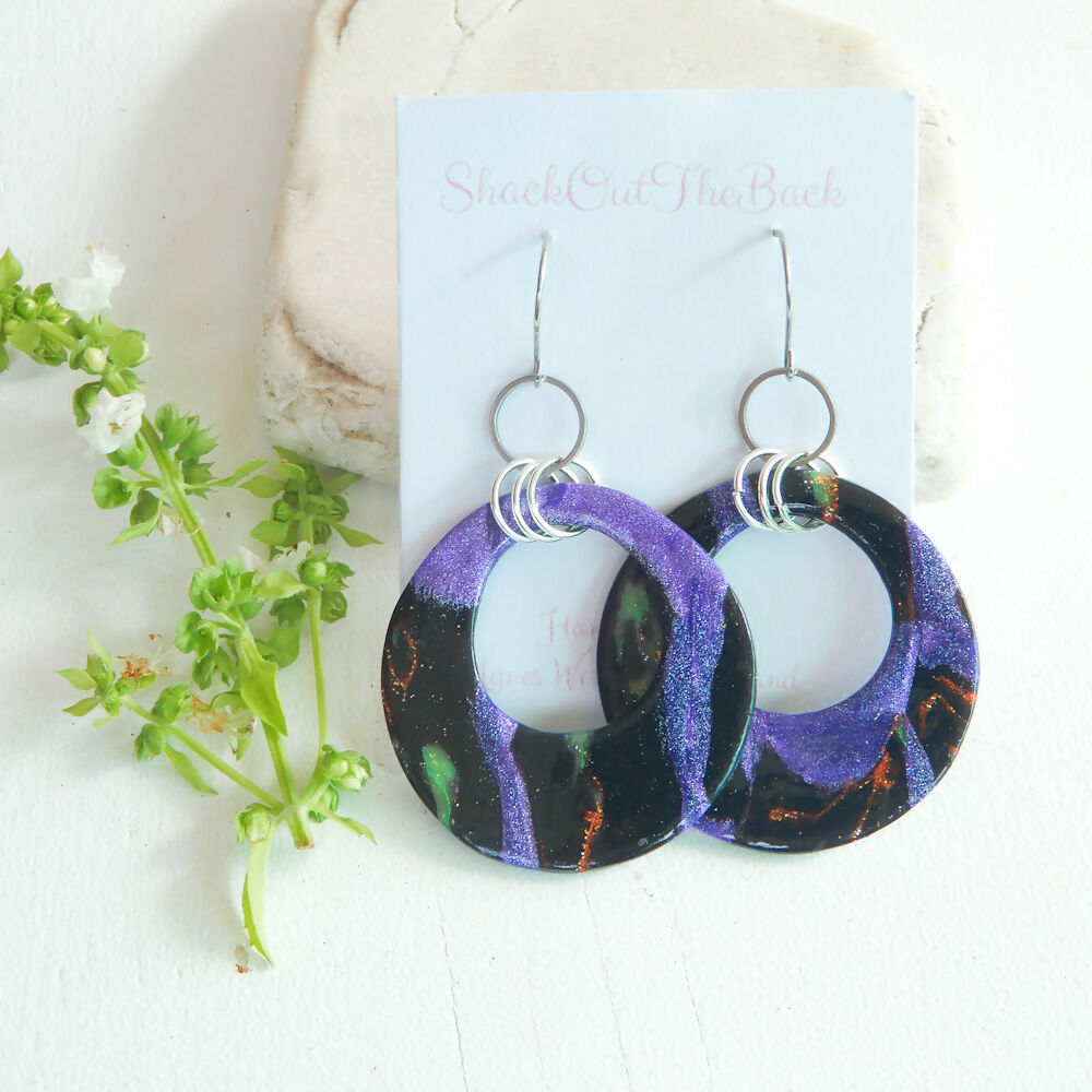 Black & Purple Polymer Clay Hoop Earrings "Purple Nights"