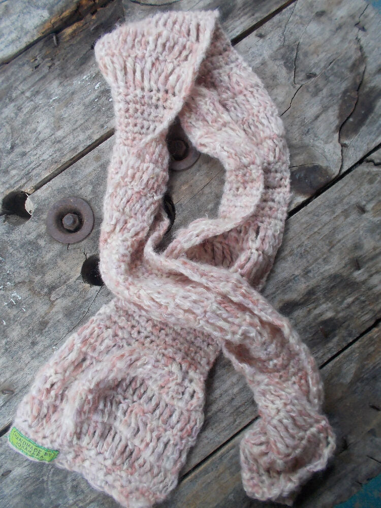 crocheted scarf in pale pinks mohair blend yarn