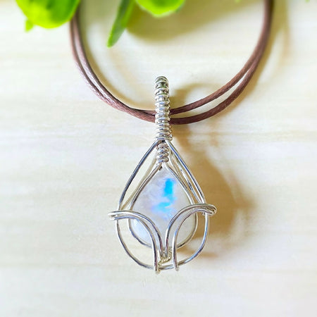 Fabulous 47x25mm Wire-Wrapped Rainbow Moonstone Pendant