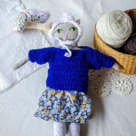 Furr-ever friends - Frannie, The Snowy Forest Cat Wanderer With a Knitted Heart, Soft Toy