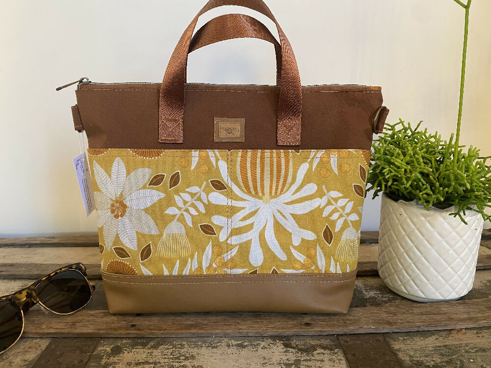 Lola Crossbody/Tote Bag - Yellow Banksia/Tan Faux Leather