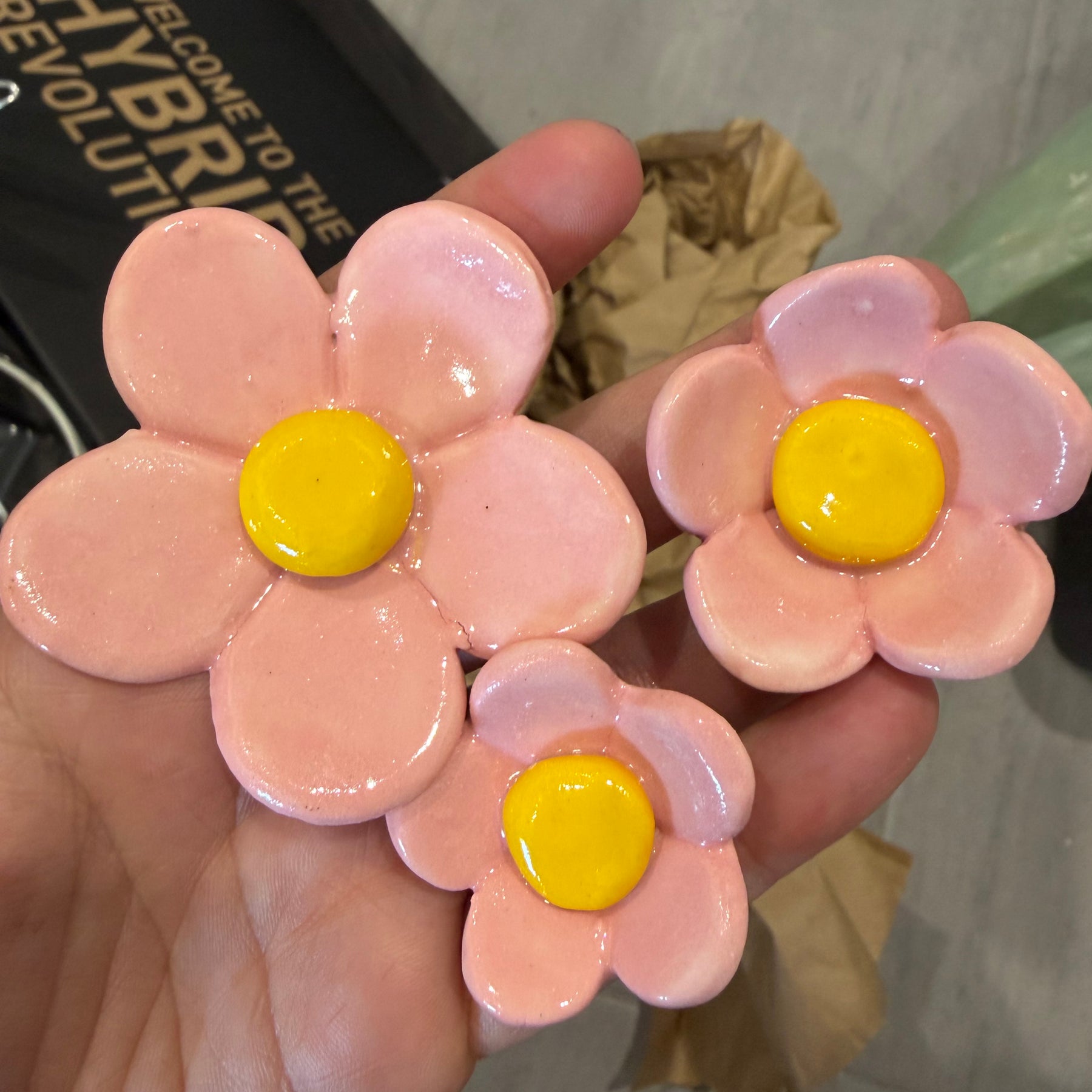 Ceramic flowers - pink, white and blue by the stem!