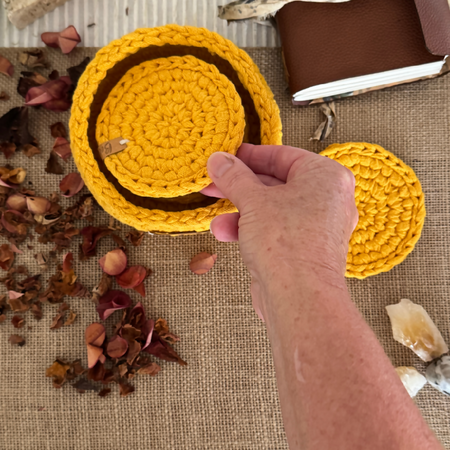 Eco Handmade Coasters with Basket Set | Mustard
