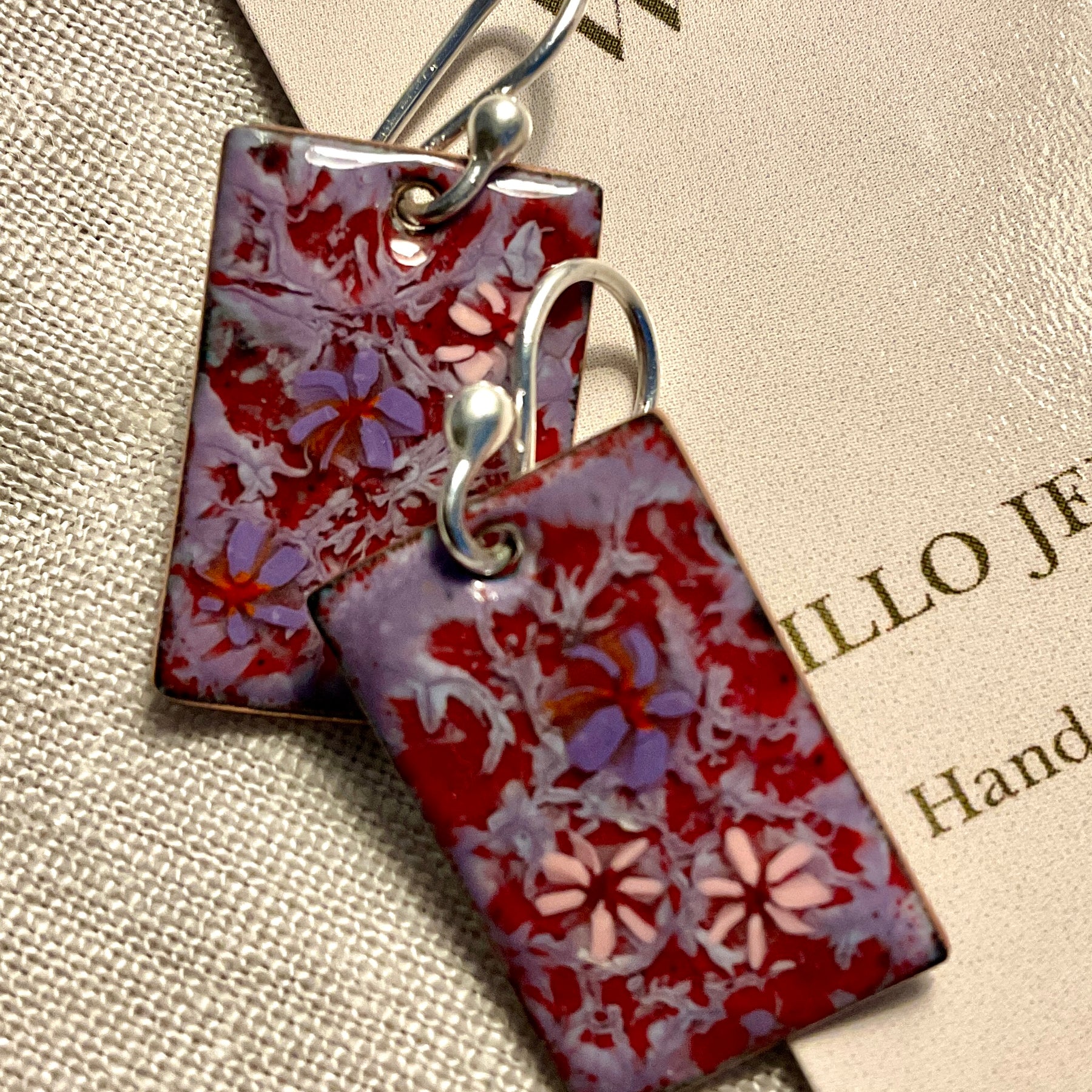 Purple and pink flowers. Enamel earrings