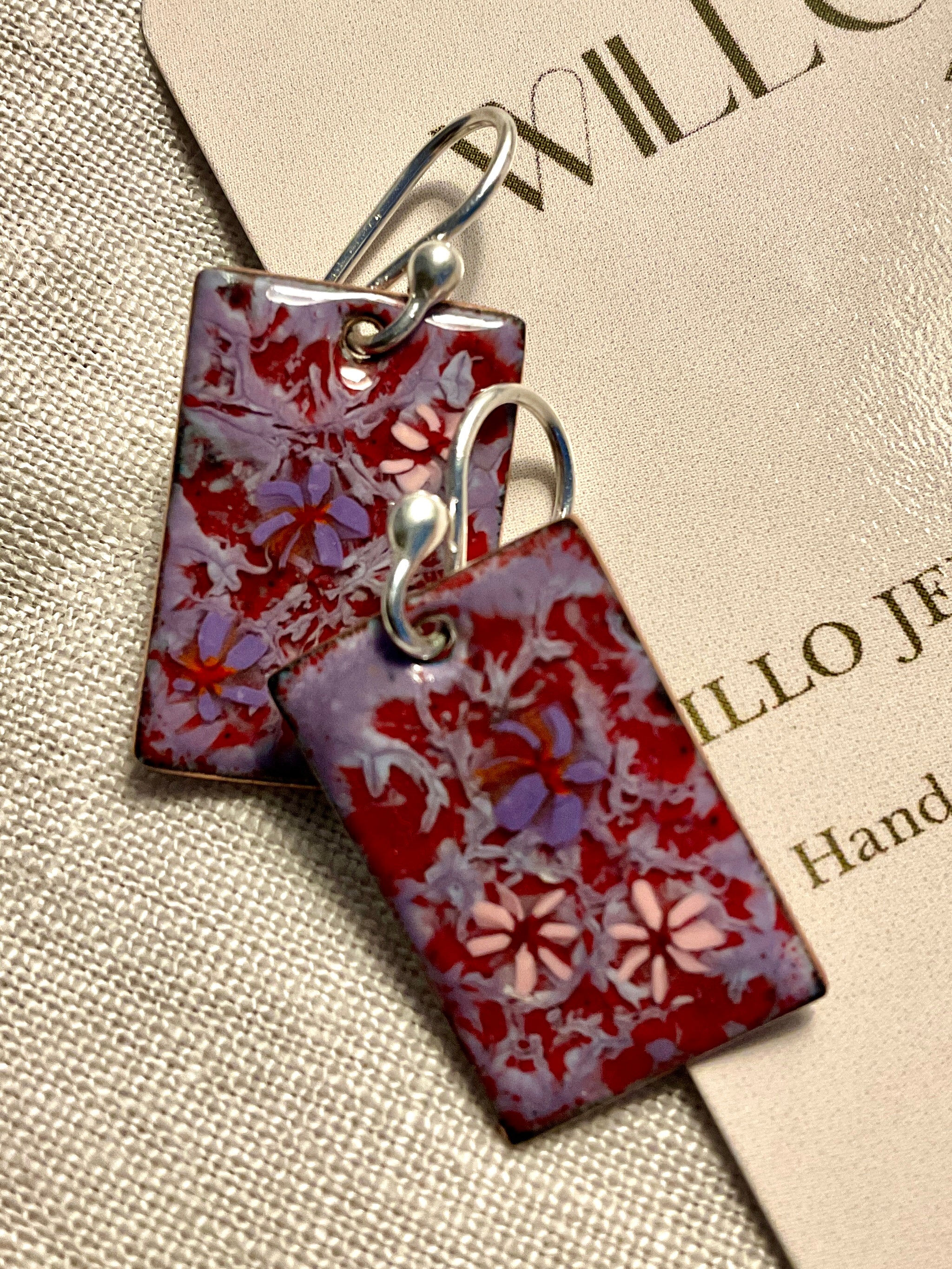 Purple and pink flowers. Enamel earrings