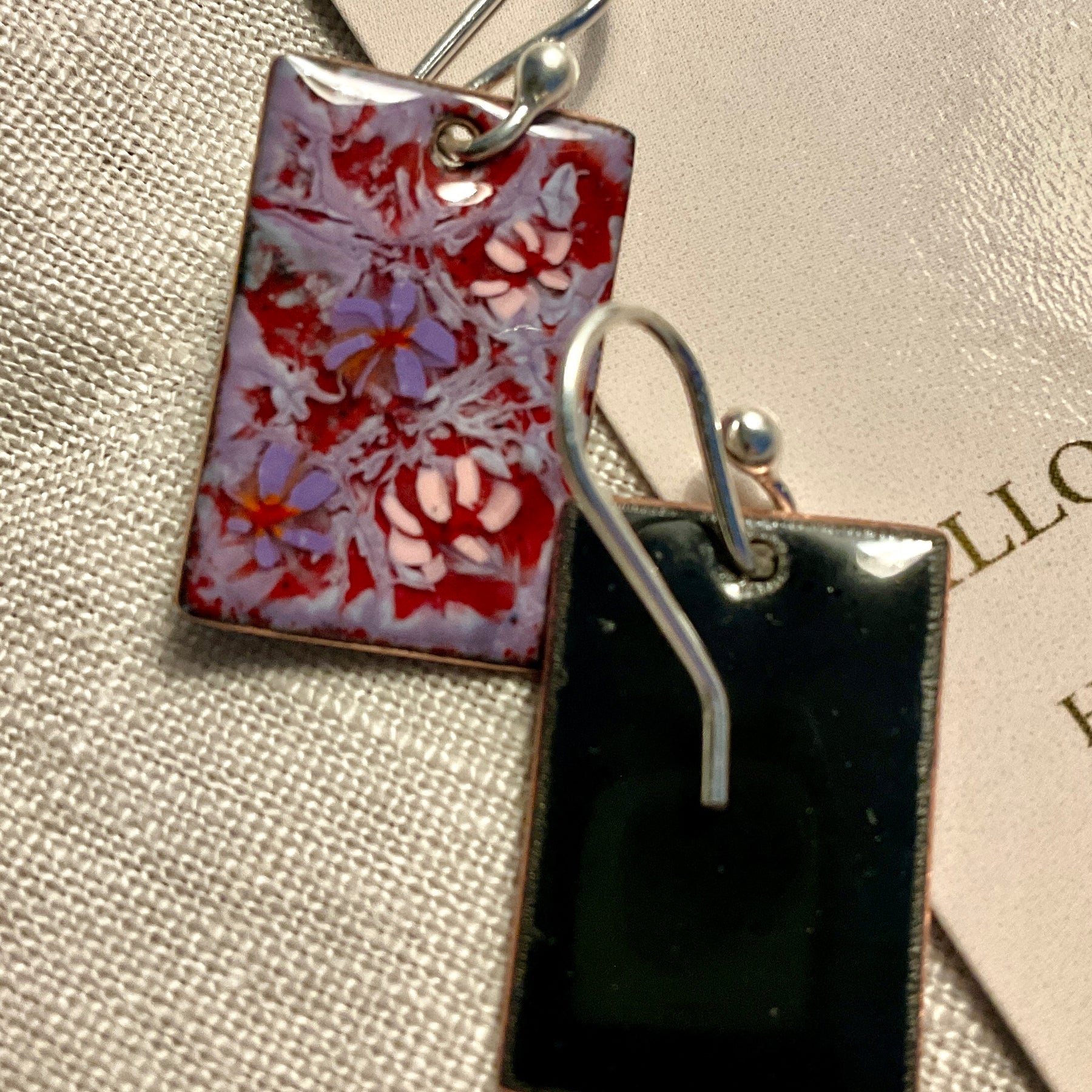 Purple and pink flowers. Enamel earrings