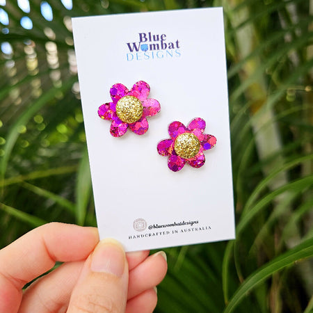 Chameleon Glitter Flower Resin Stud Earrings 24mm