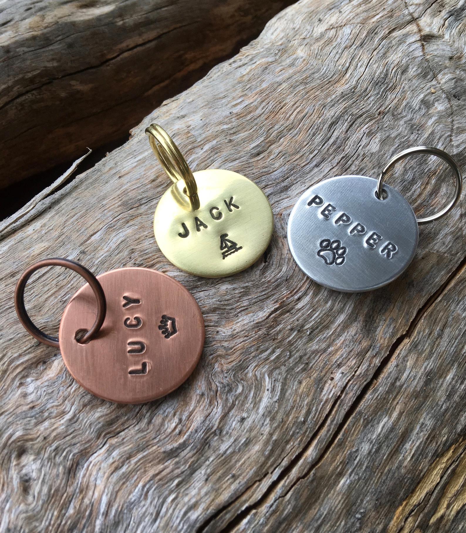 Hand Stamped ID tag Dog Cat Copper Brass or Aluminium