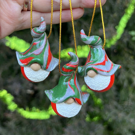 Gnome Christmas baubles trio - red, silver, green (red bottoms)