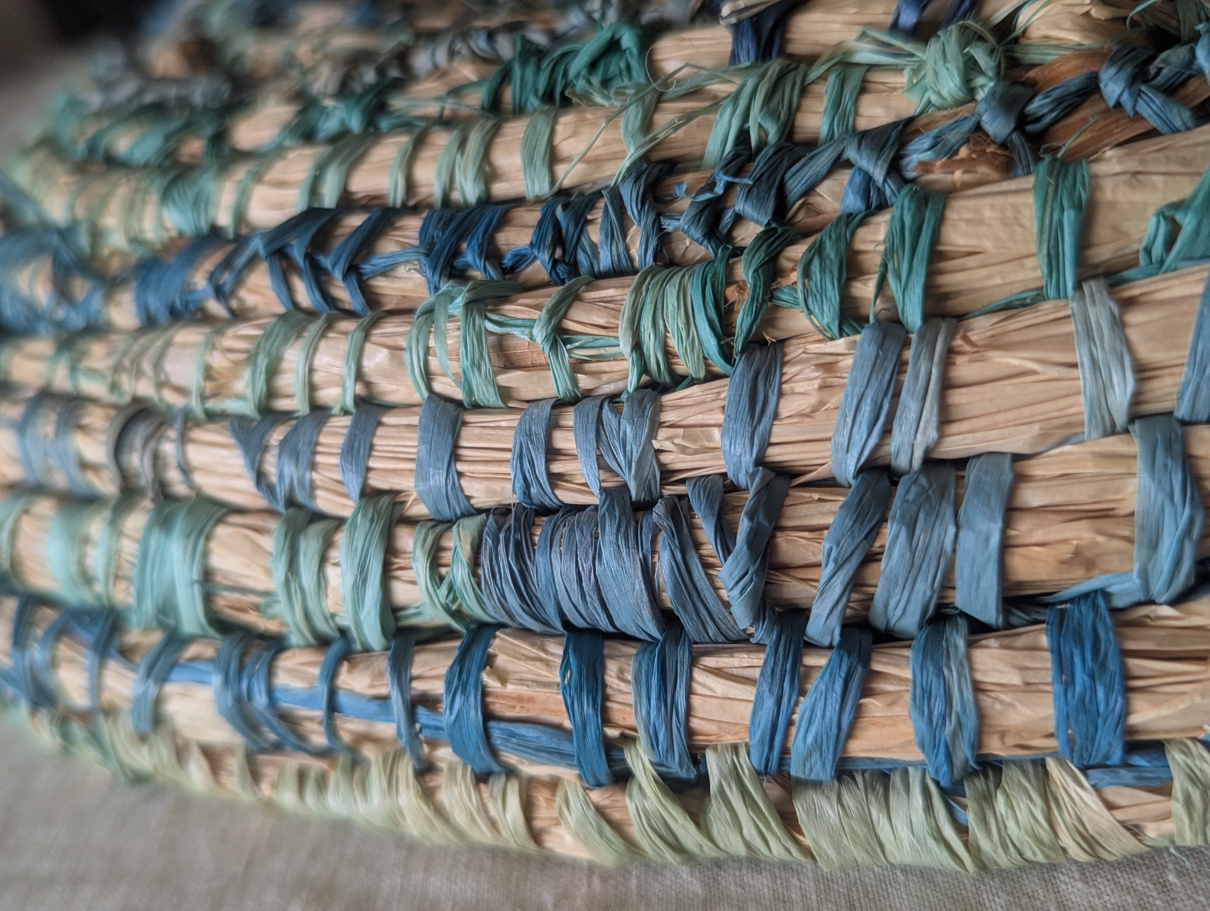 Basket in Blues & Natural  | Wall or Table | Coiled Basketry Sustainable Palm Raffia