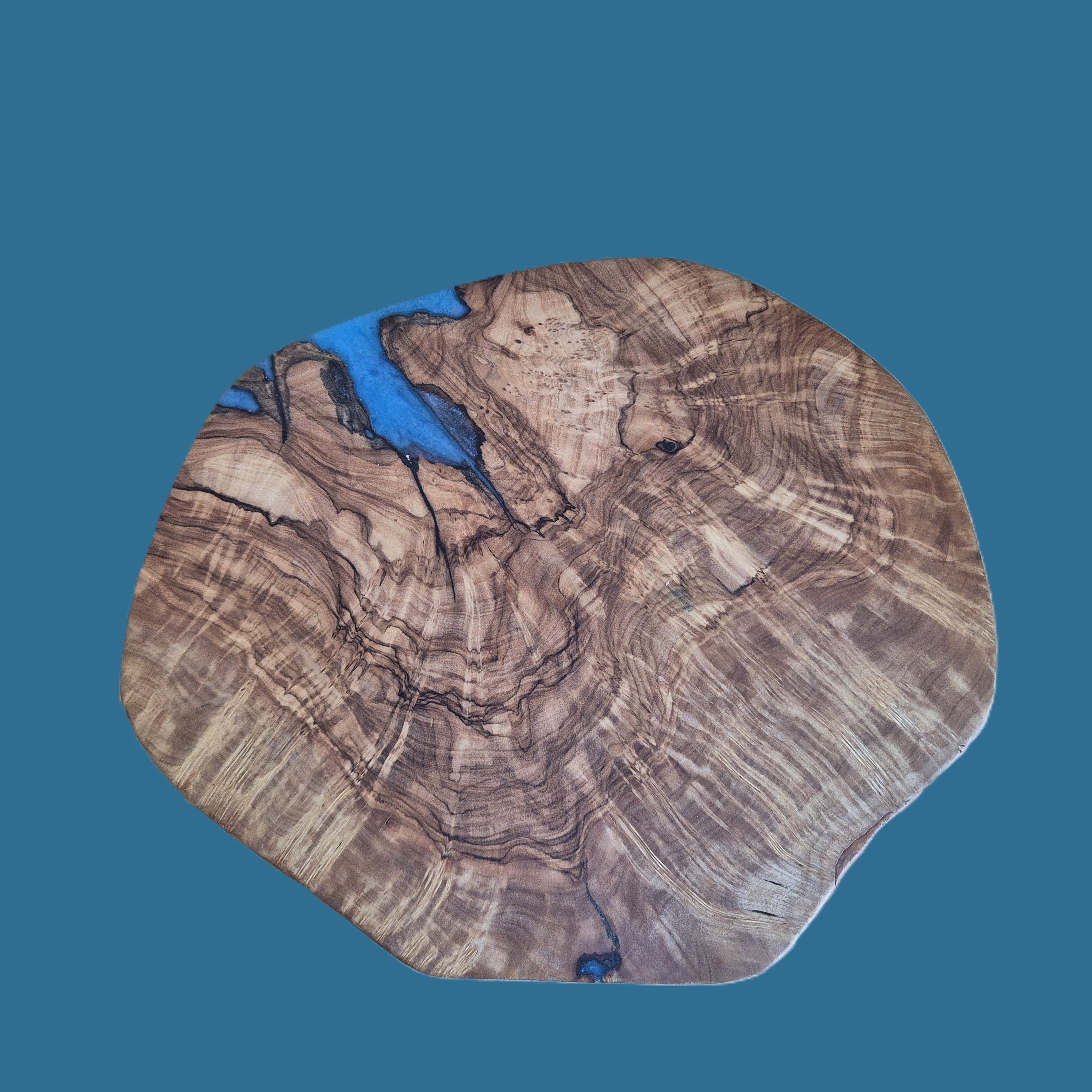 Olivewood serving board with blue resin infill