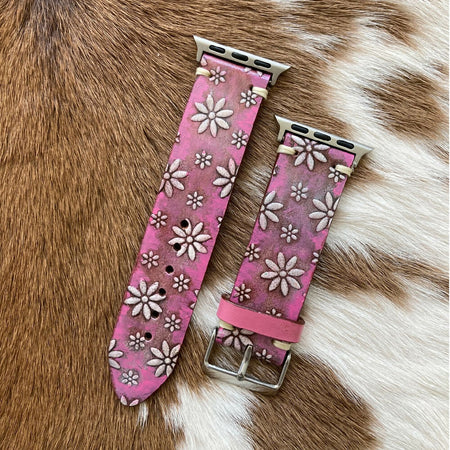 Leather Apple Watch Band - pink with white flowers