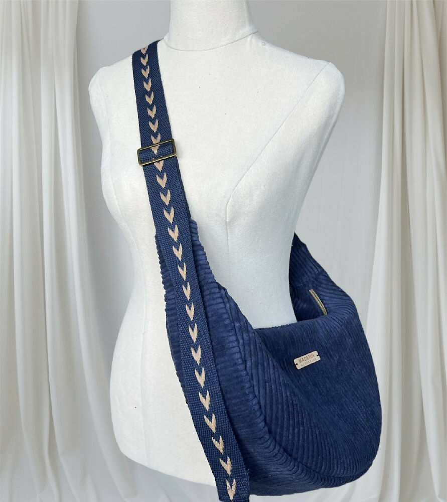 Navy Corduroy Banana Bag / Crescent Tote