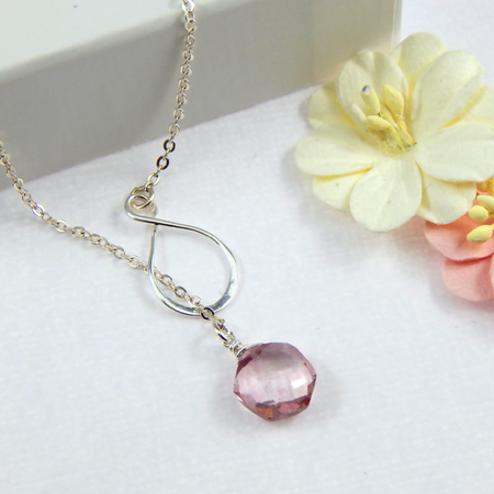 Pink Grapefruit Quartz Infinity Lariat Sterling Silver