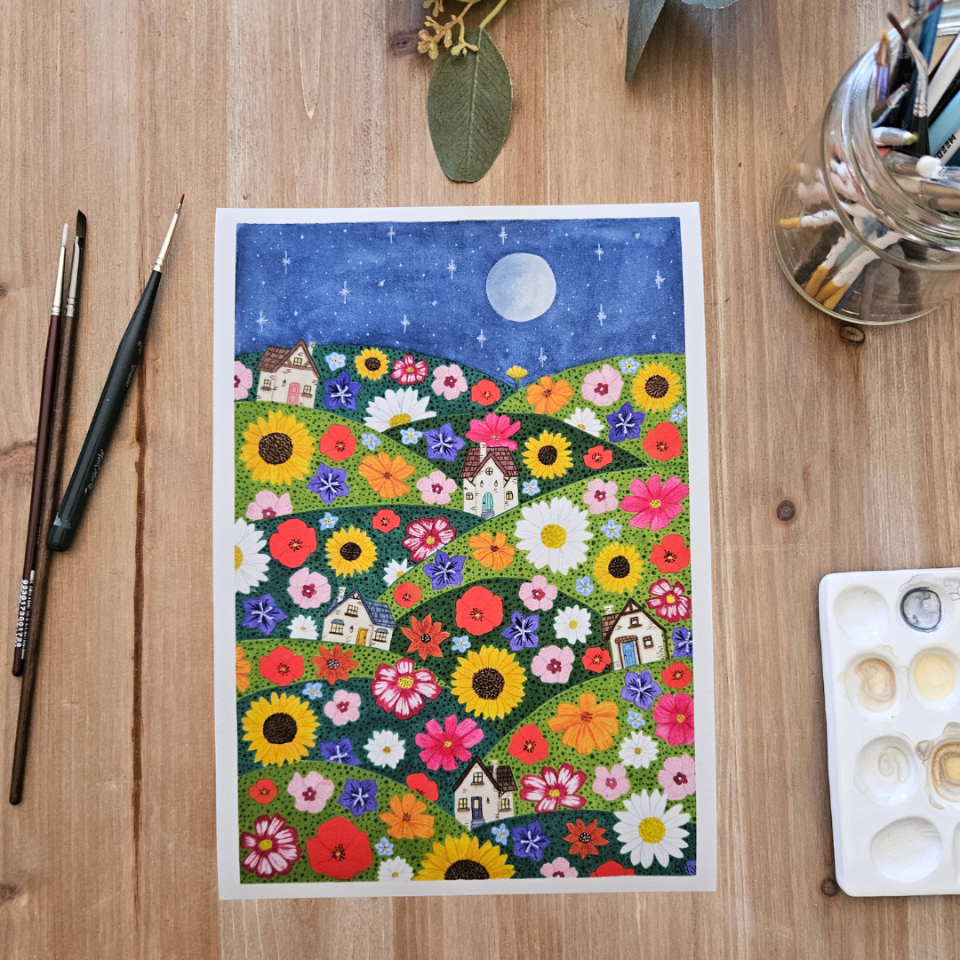 Watercolour Art Print - 'Wildflower Village'