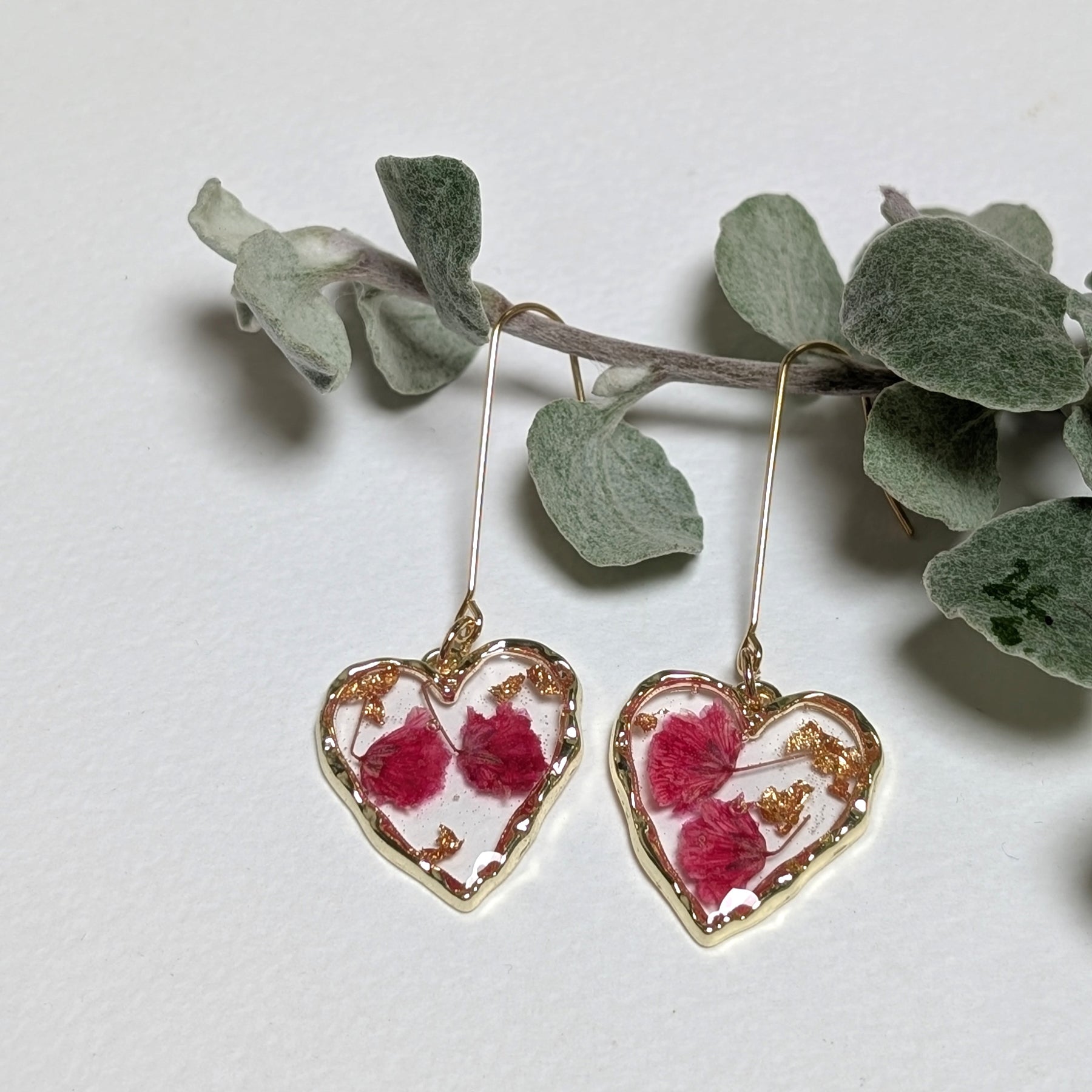 Elegant, heart shaped, magenta baby's breath earrings