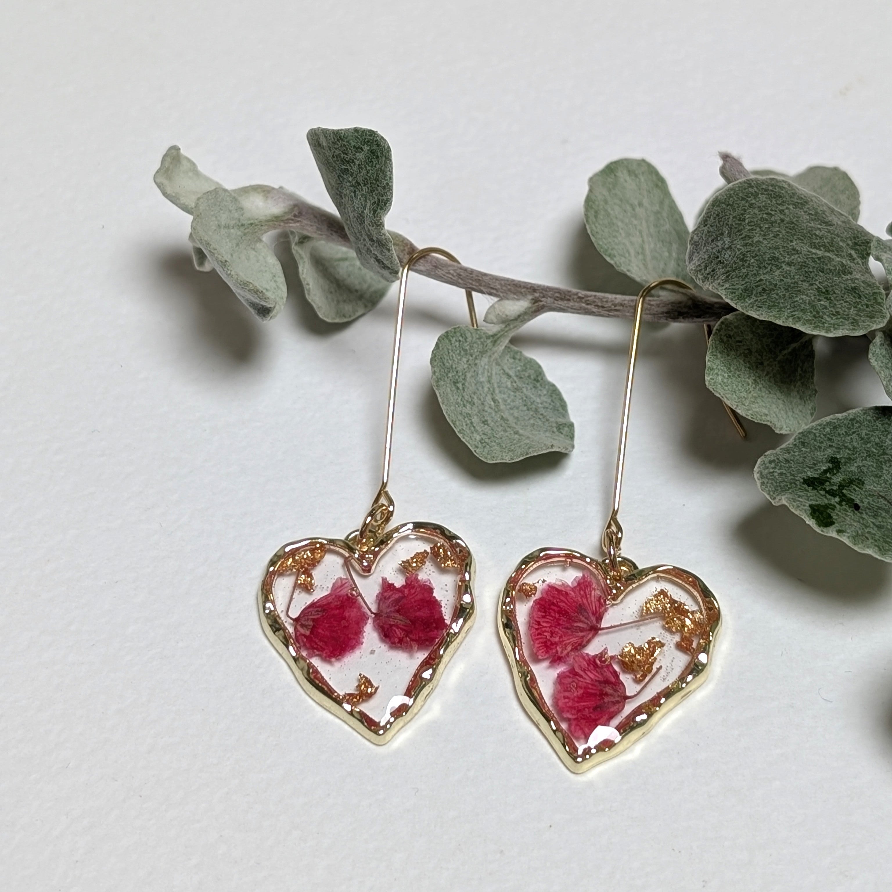 Elegant, heart shaped, magenta baby's breath earrings