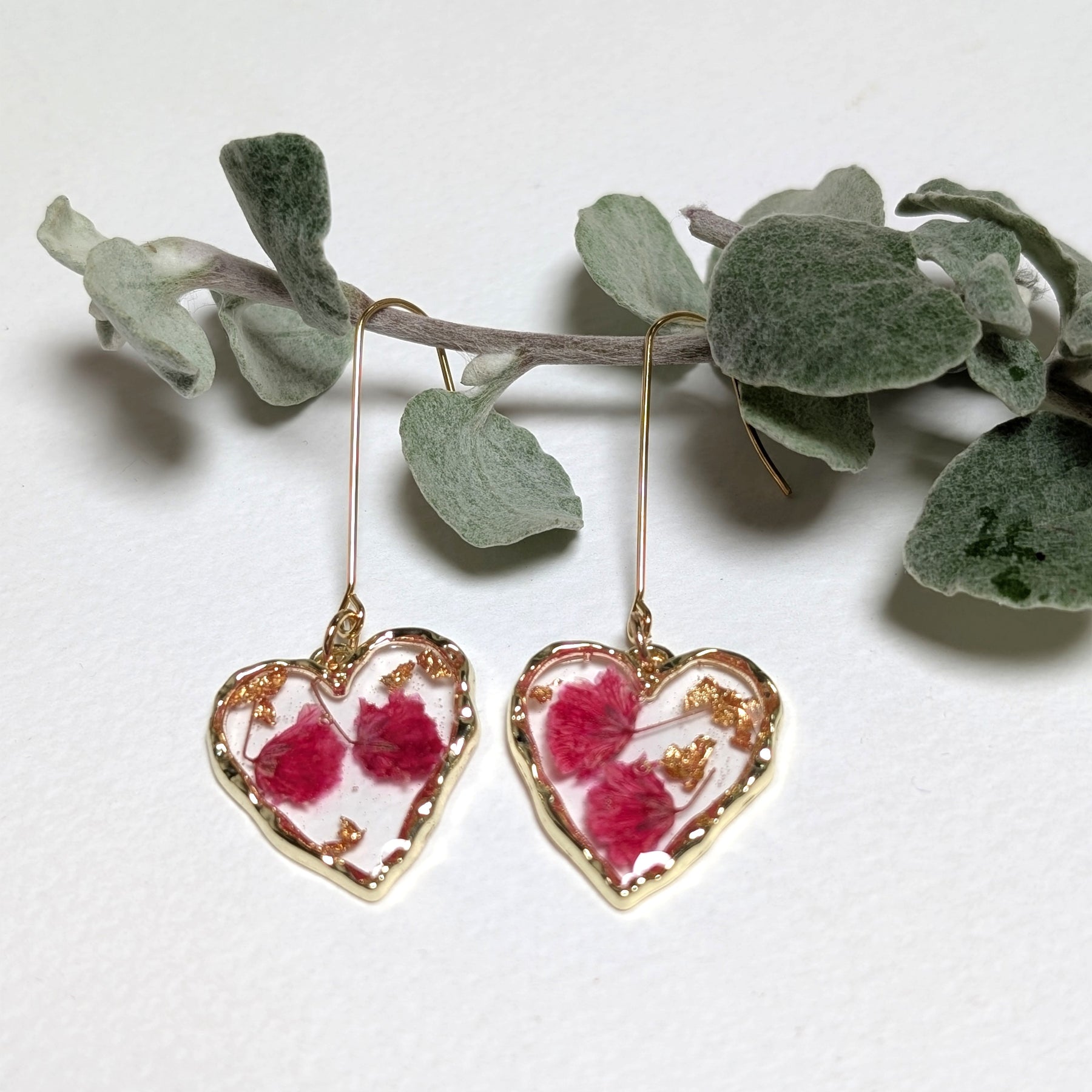 Elegant, heart shaped, magenta baby's breath earrings