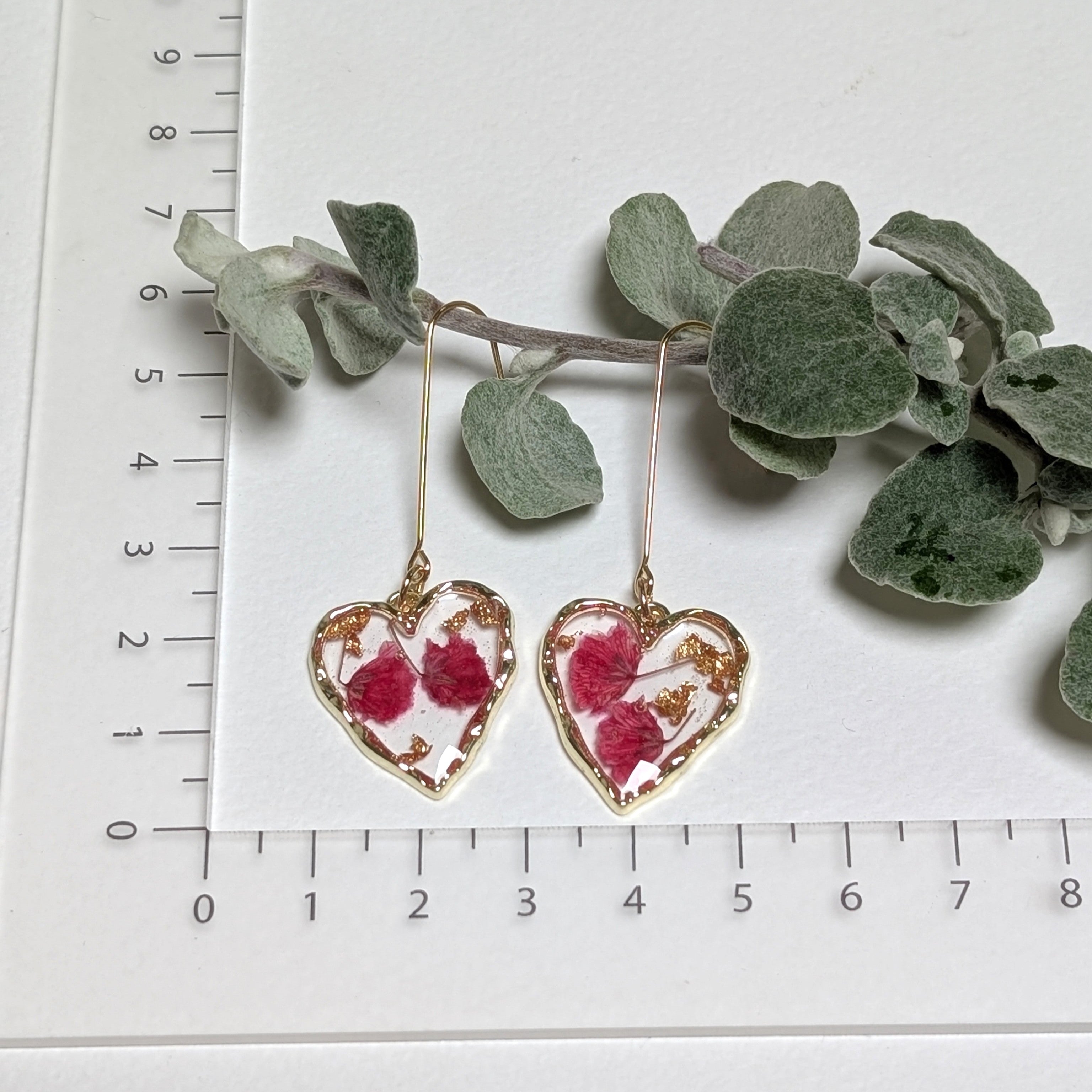 Elegant, heart shaped, magenta baby's breath earrings