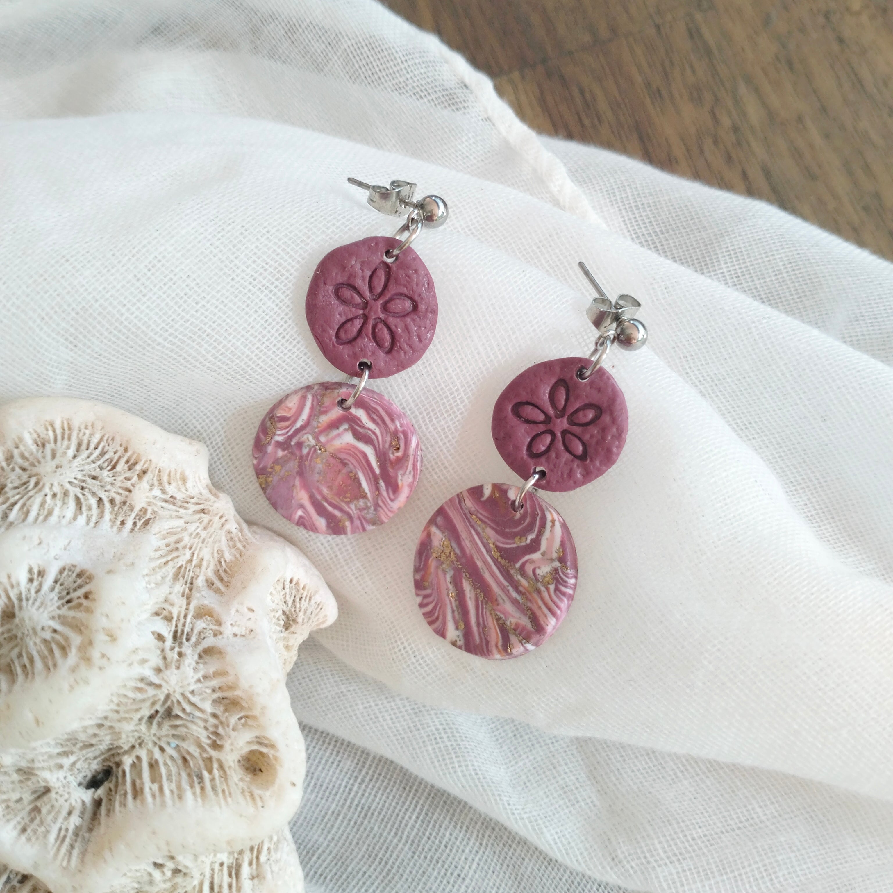 Earrings - Sand Dollar, Beachy, Purple Swirl- Artful Dangles