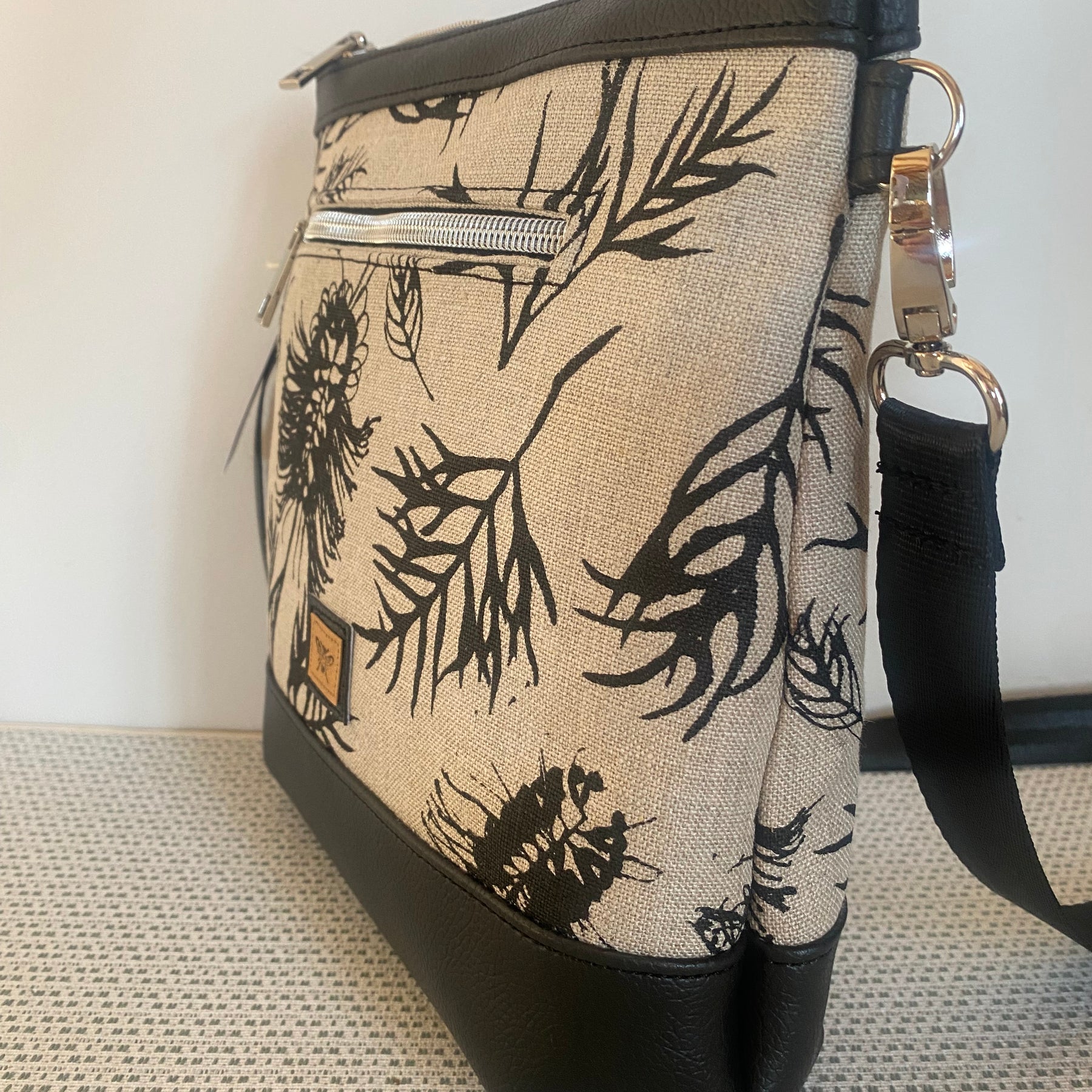 Mia Crossbody Bag - Black Grevilleas Screen Printed Linen with Black Faux Leather