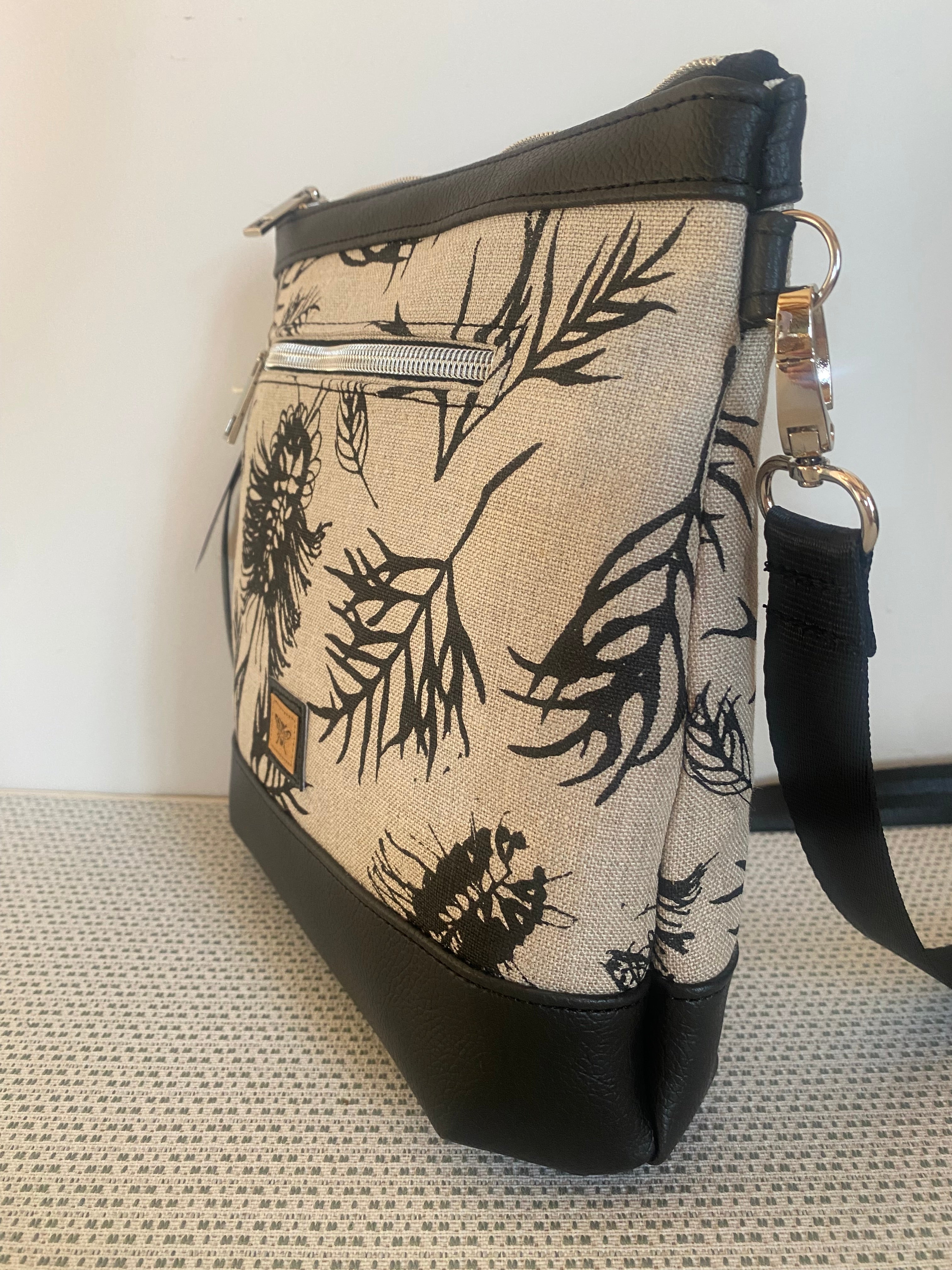 Mia Crossbody Bag - Black Grevilleas Screen Printed Linen with Black Faux Leather