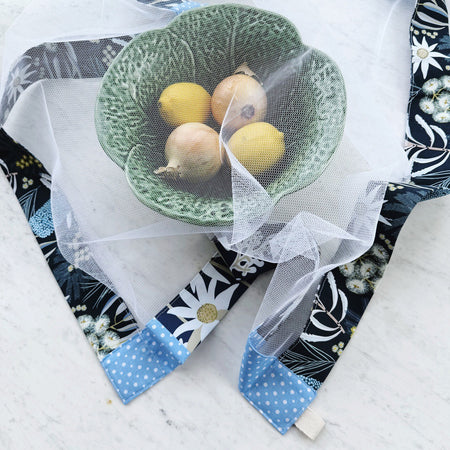 Flannel flowers weighted mesh food cover. Charcuterie board net throw. Cheese platter fly cover. Fruit bowl cover.