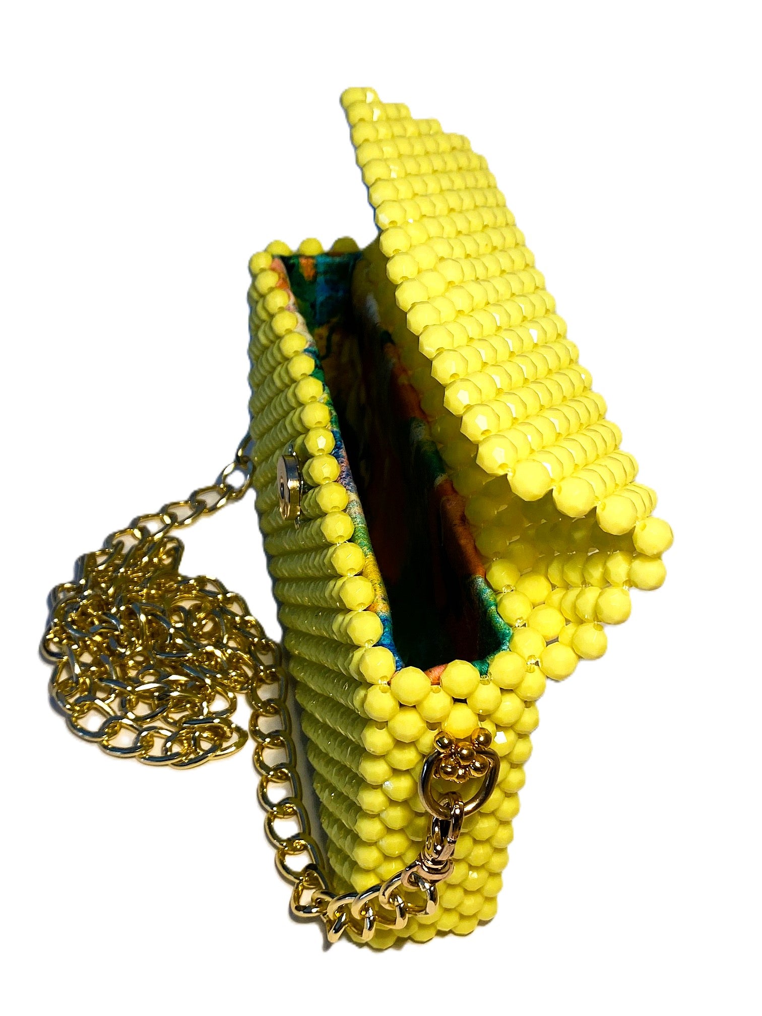 Lemon beaded clutch bag with chain