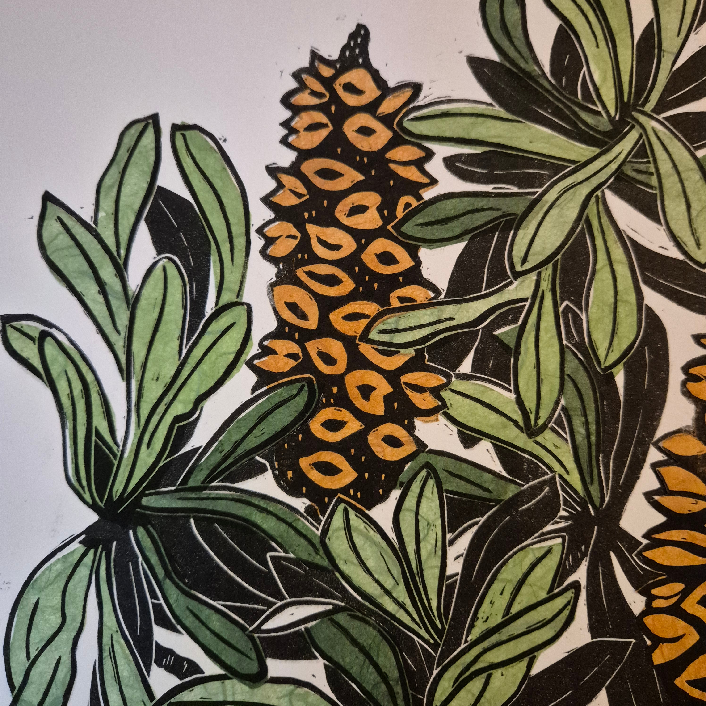 Banksia linocut art original chine colle
