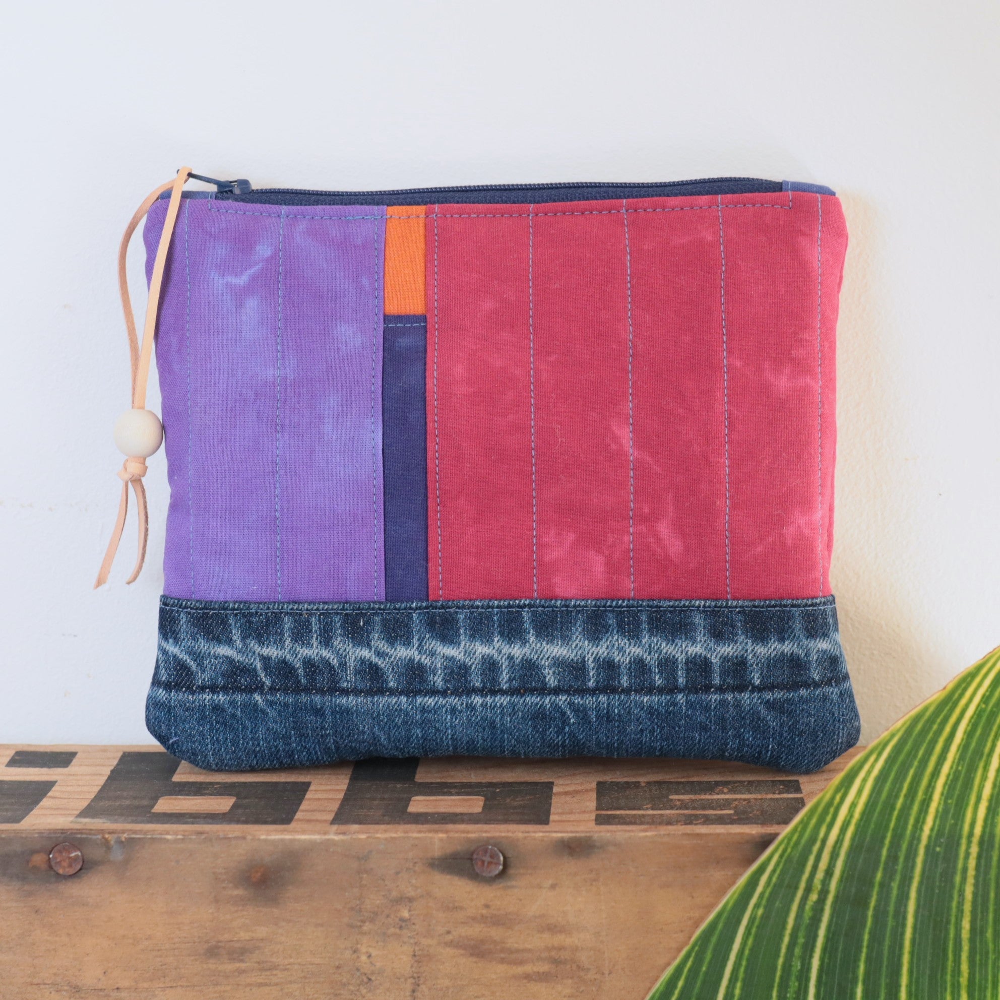 Hand Dyed Zipper Pouch, Makeup Bag,Sewing Pouch, Red and Lilac