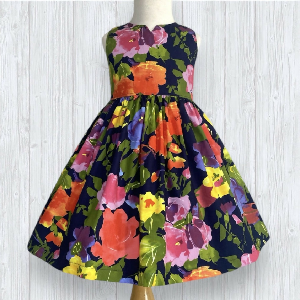 Bright Painted Flowers on Navy Tea Party Dress