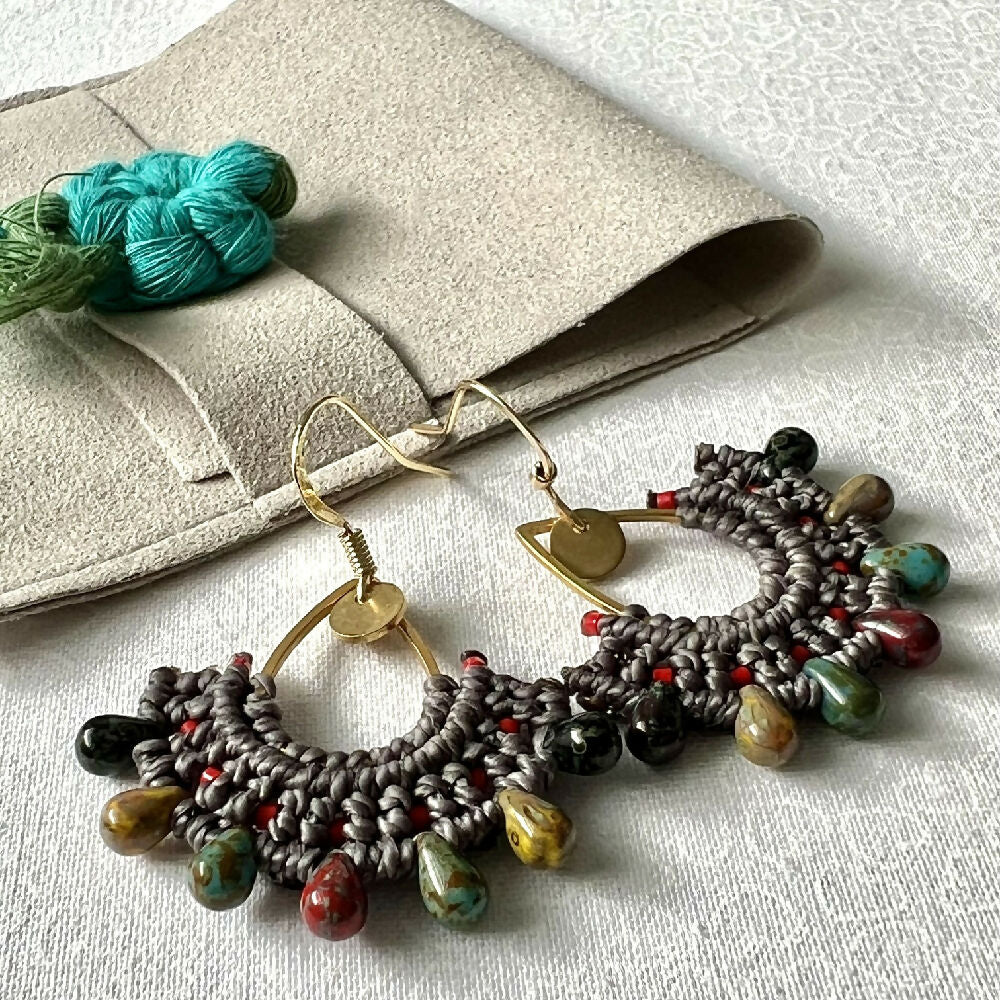 Teardrop Micro Macrame Earrings / Czech Glass + Free Microfibre Pouch