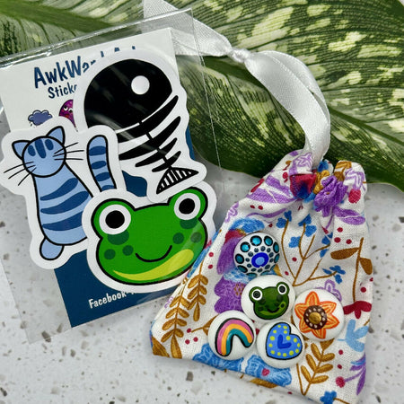 Hand painted Happiness pebble set - frog flower rainbow heart