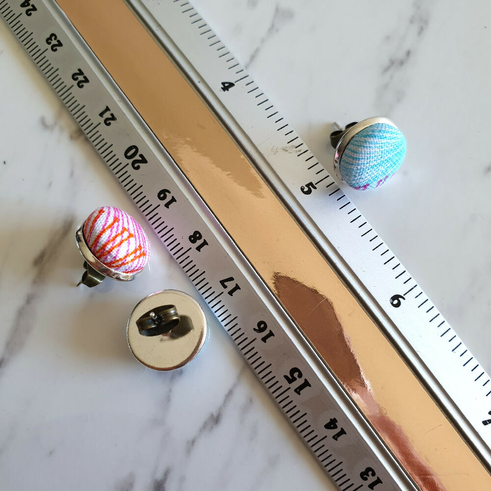 1.4cm Round Colourful Line cotton fabric Silver colour Cabochon stud earrings