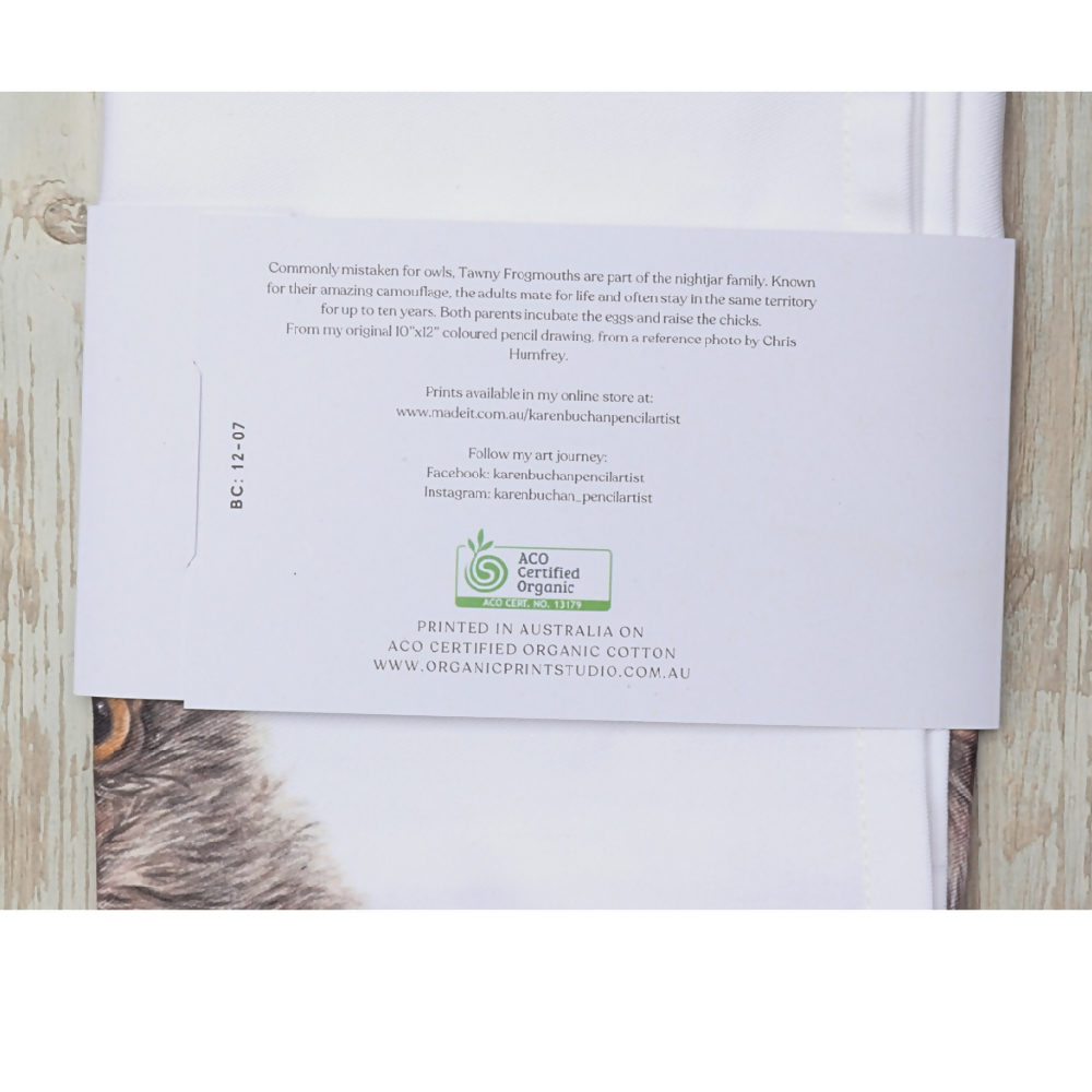 Australian-artist-illustration-tawny-frogmouth-tea-towel-label-text
