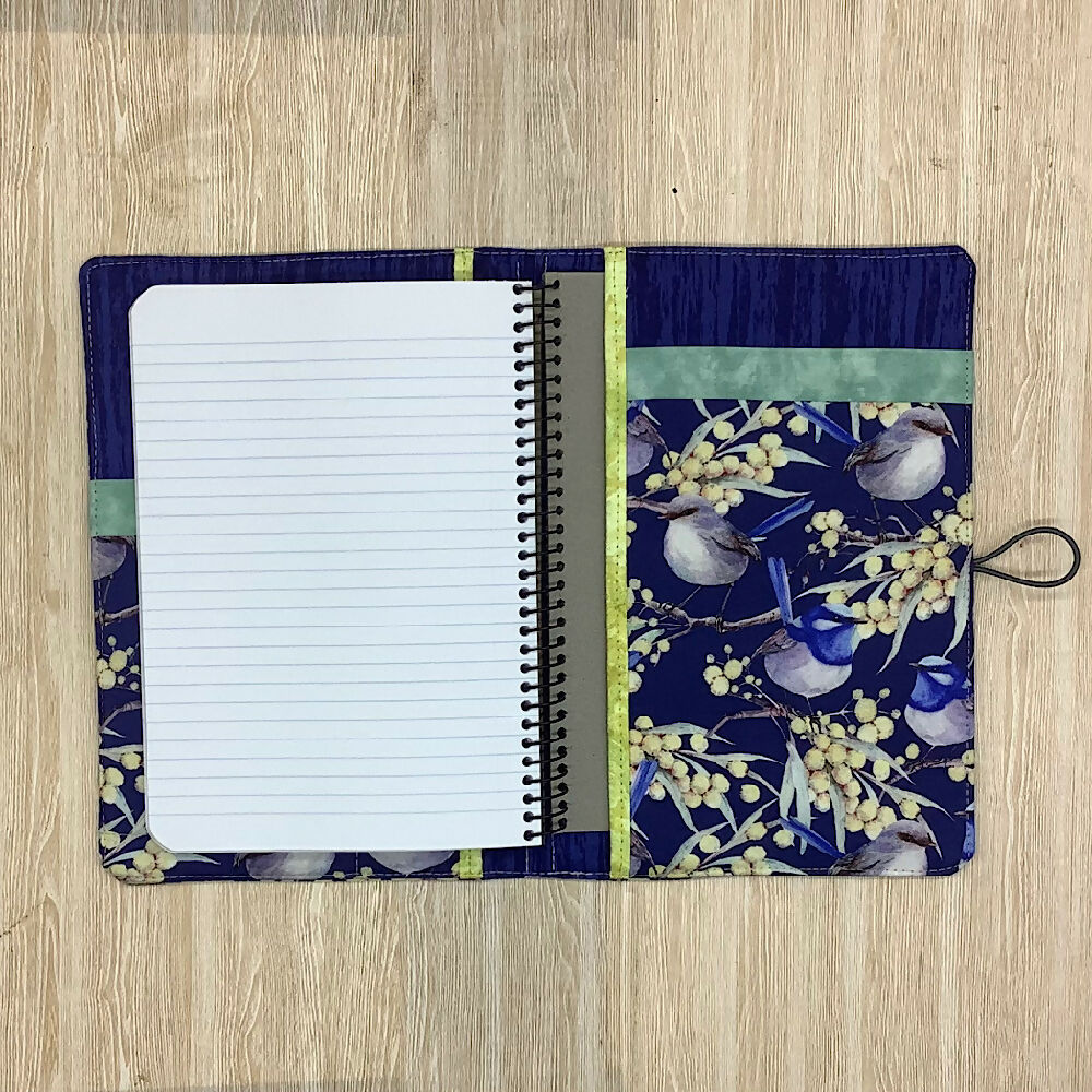 Blue Wren (white) refillable A5 fabric notebook cover gift set - Incl. book and pen.