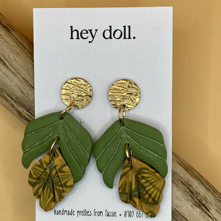 Olive and gold 3 tier feather dangle studs
