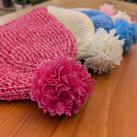 Lace Bobble Rib Beanie Sixties Style Handknit with Removable Pom Pom