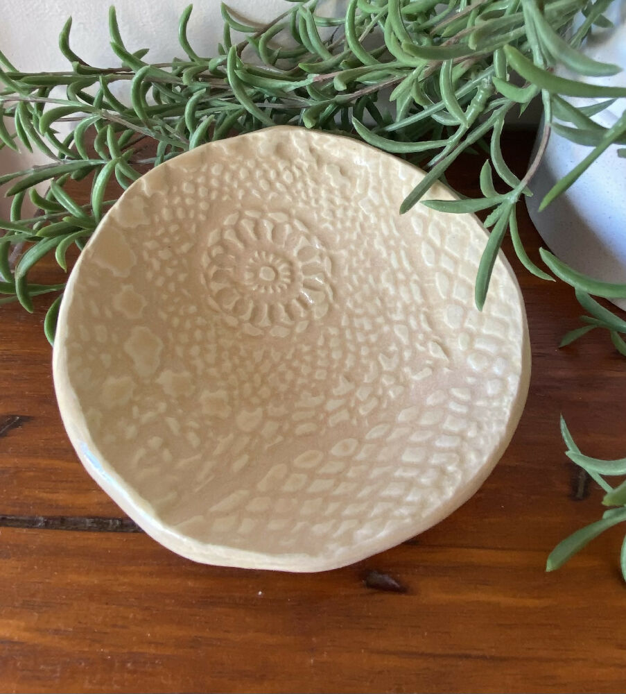 Doily Embossed Trinket Dish / Handmade Pottery