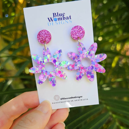 Flower Dangles Colourful Glitter Resin Statement Earrings