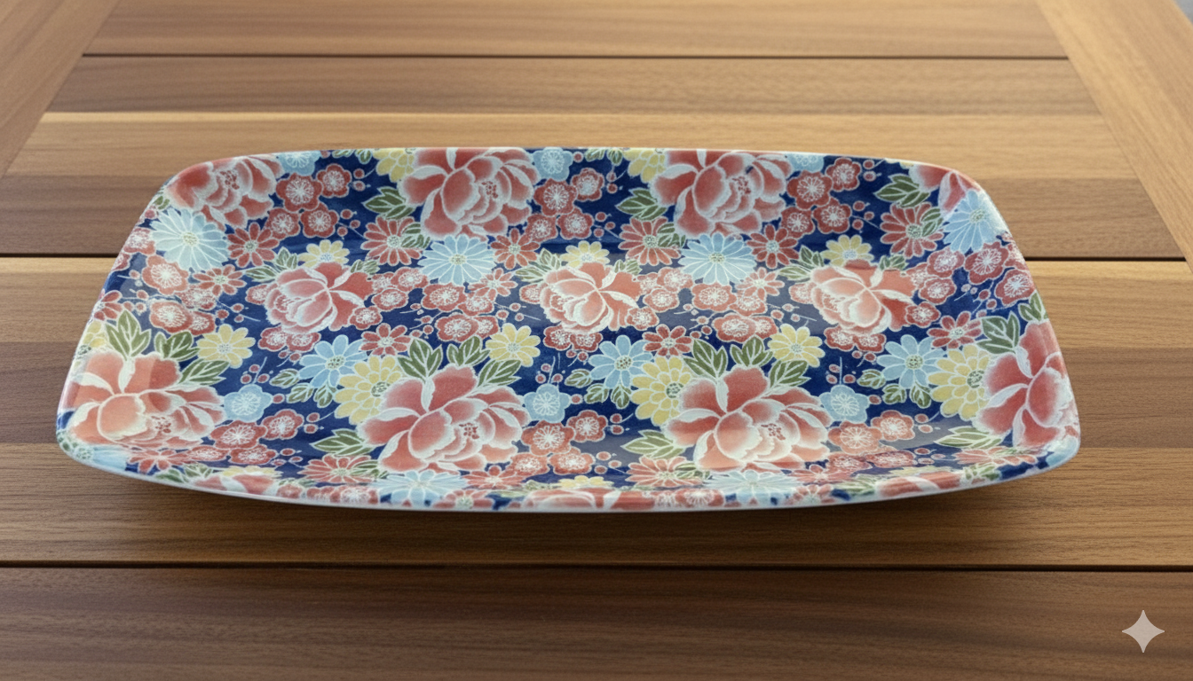 Ceramic Rectangular plate with an intricate Japanese floral design