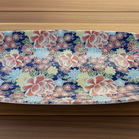 Ceramic Rectangular plate with an intricate Japanese floral design