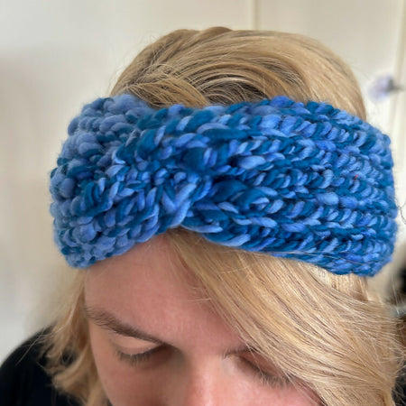 Hand Knitted Pure Wool Headband - Blue Twist