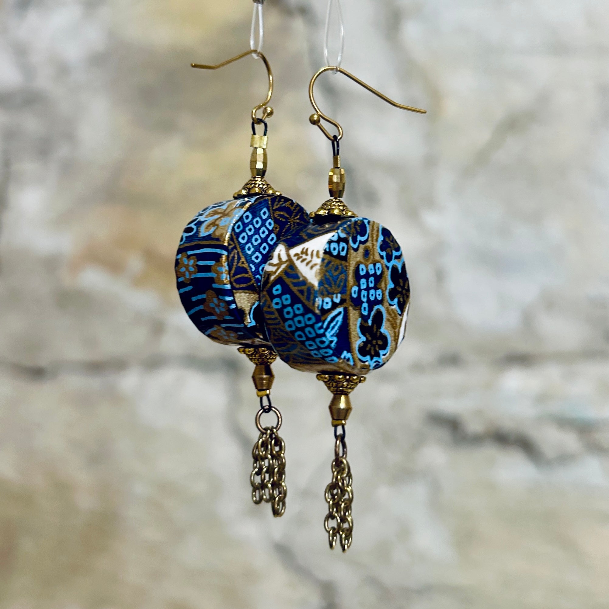 Blue Gold White Washi Paper Earrings: 2.5cm x 8cm